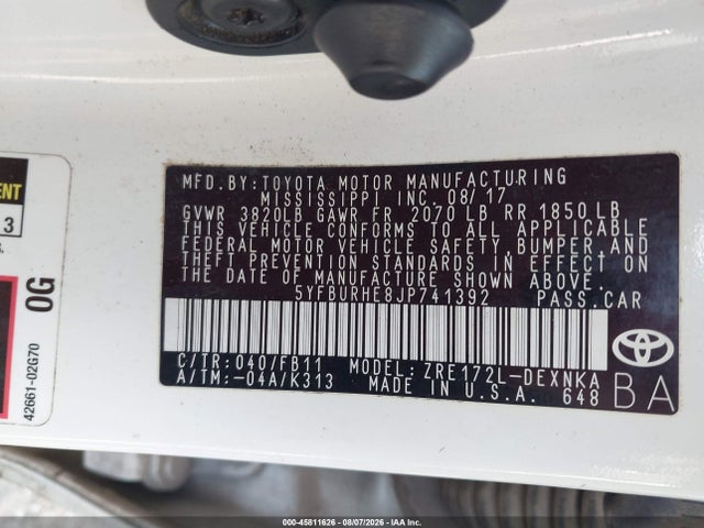 Продажа на аукционе авто 2018 Toyota Corolla Le, vin: 5YFBURHE8JP741392, номер лота: 45811626