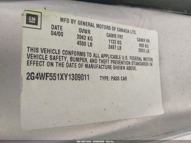 45811630 :رقم المزاد ، 2G4WF551XY1309011 vin ، 2000 Buick Regal Gs مزاد بيع
