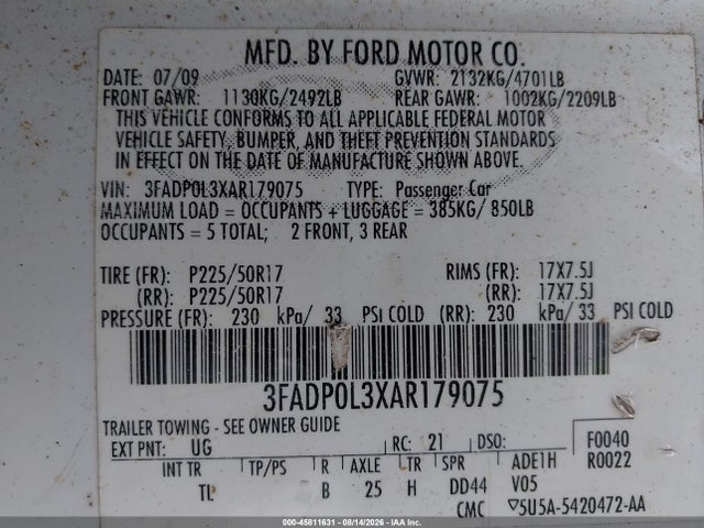 2010 Ford Fusion Hybrid მანქანა იყიდება აუქციონზე, vin: 3FADP0L3XAR179075, აუქციონის ნომერი: 45811631