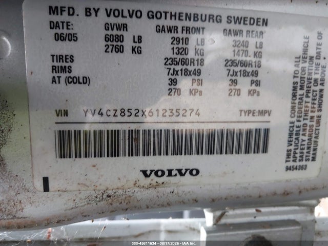 45811634 :رقم المزاد ، YV4CZ852X61235274 vin ، 2006 Volvo Xc90 V8/volvo Ocean Race Edition مزاد بيع