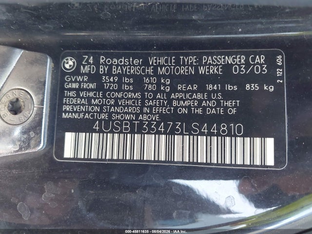 45811635 :رقم المزاد ، 4USBT33473LS44810 vin ، 2003 Bmw Z4 2.5i مزاد بيع