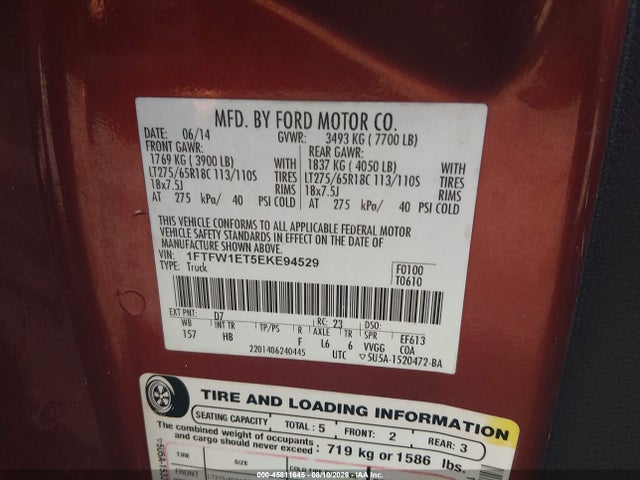 45811645 :رقم المزاد ، 1FTFW1ET5EKE94529 vin ، 2014 Ford F-150 Lariat مزاد بيع