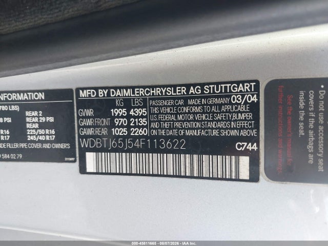 45811665 :رقم المزاد ، WDBTJ65J54F113622 vin ، 2004 Mercedes-benz Clk 320 مزاد بيع