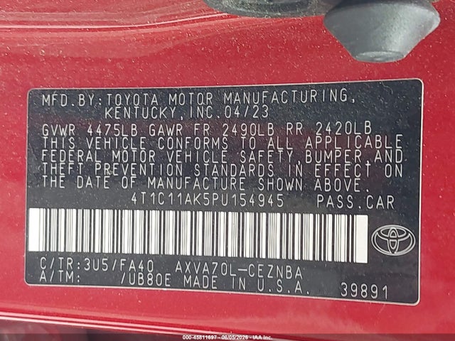 Aukcja sprzedaży 2023 Toyota Camry Le, vin: 4T1C11AK5PU154945, numer aukcji: 45811697