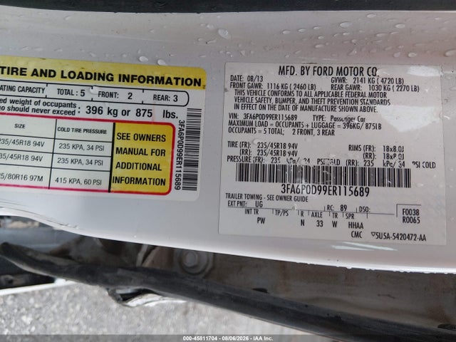 45811704 :رقم المزاد ، 3FA6P0D99ER115689 vin ، 2014 Ford Fusion Titanium مزاد بيع