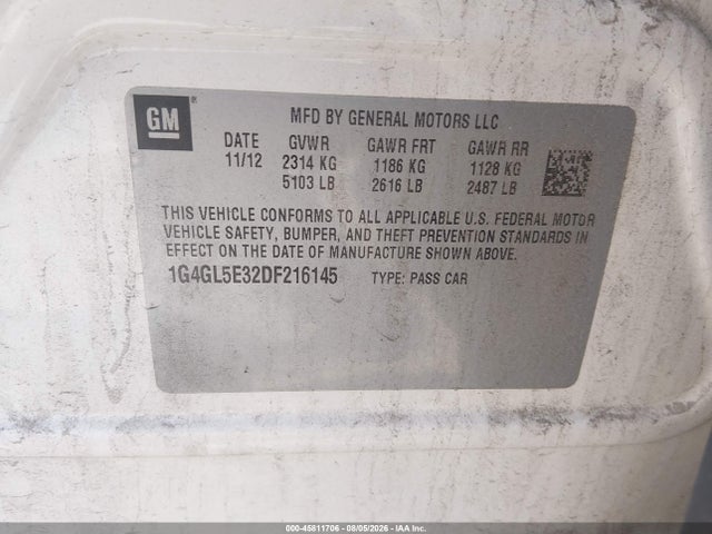 Aukcja sprzedaży 2013 Buick Lacrosse Leather Group, vin: 1G4GL5E32DF216145, numer aukcji: 45811706