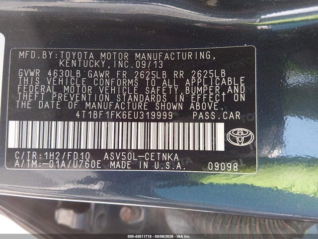 2014 Toyota Camry Le მანქანა იყიდება აუქციონზე, vin: 4T1BF1FK6EU319999, აუქციონის ნომერი: 45811718