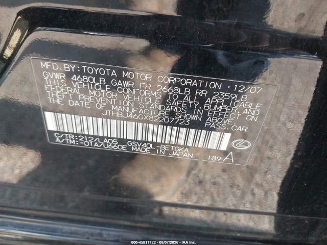 Продаж на аукціоні авто 2008 Lexus Es 350, vin: JTHBJ46GX82207723, номер лоту: 45811722