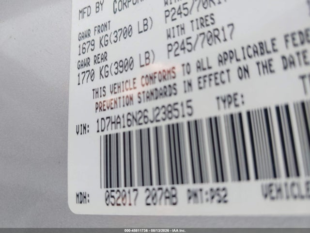 45811736 :رقم المزاد ، 1D7HA16N26J238515 vin ، 2006 Dodge Ram 1500 Slt مزاد بيع