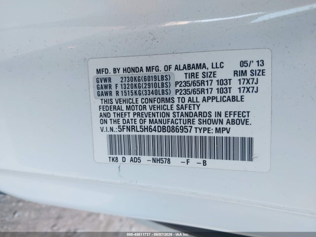 2013 Honda Odyssey Ex-l მანქანა იყიდება აუქციონზე, vin: 5FNRL5H64DB086957, აუქციონის ნომერი: 45811737