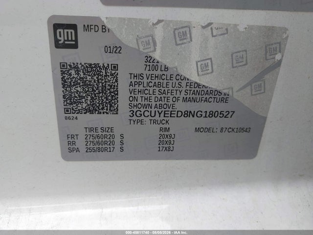 45811740 :رقم المزاد ، 3GCUYEED8NG180527 vin ، 2022 Chevrolet Silverado 1500 Ltd 4wd  Short Bed Rst مزاد بيع