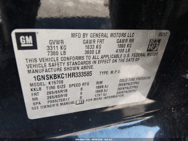 2017 Chevrolet Tahoe Lt მანქანა იყიდება აუქციონზე, vin: 1GNSKBKC1HR333585, აუქციონის ნომერი: 45811755
