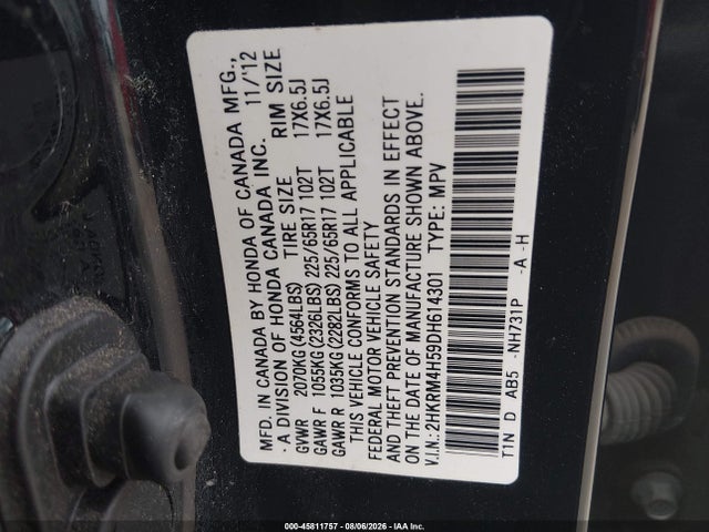 Продажа на аукционе авто 2013 Honda Cr-v Ex, vin: 2HKRM4H59DH614301, номер лота: 45811757