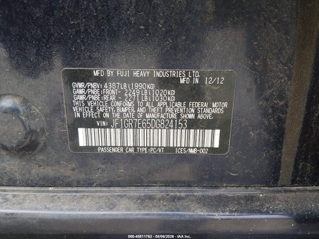 2013 Subaru Impreza Wrx Premium მანქანა იყიდება აუქციონზე, vin: JF1GR7E65DG824153, აუქციონის ნომერი: 45811762