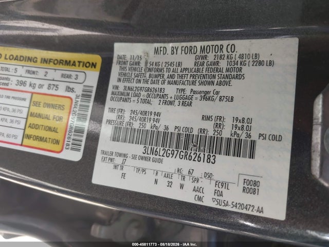 2016 Lincoln Mkz მანქანა იყიდება აუქციონზე, vin: 3LN6L2G97GR626183, აუქციონის ნომერი: 45811773