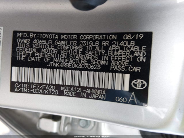 45811775 :رقم المزاد ، JTNK4RBE0K3070623 vin ، 2019 Toyota Corolla Se مزاد بيع