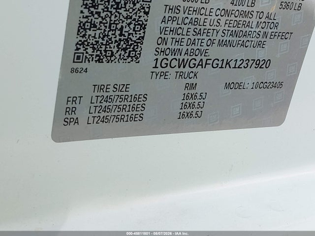 Продажа на аукционе авто 2019 Chevrolet Express 2500 Work Van, vin: 1GCWGAFG1K1237920, номер лота: 45811801