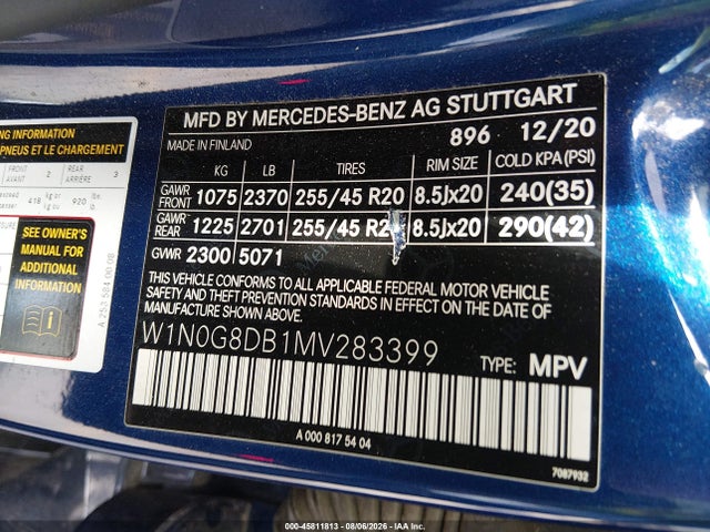 45811813 :رقم المزاد ، W1N0G8DB1MV283399 vin ، 2021 Mercedes-benz Glc 300 Suv مزاد بيع