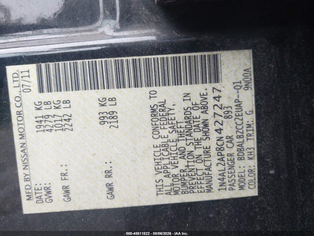 45811822 :رقم المزاد ، 1N4AL2AP8CN427247 vin ، 2012 Nissan Altima 2.5 S مزاد بيع