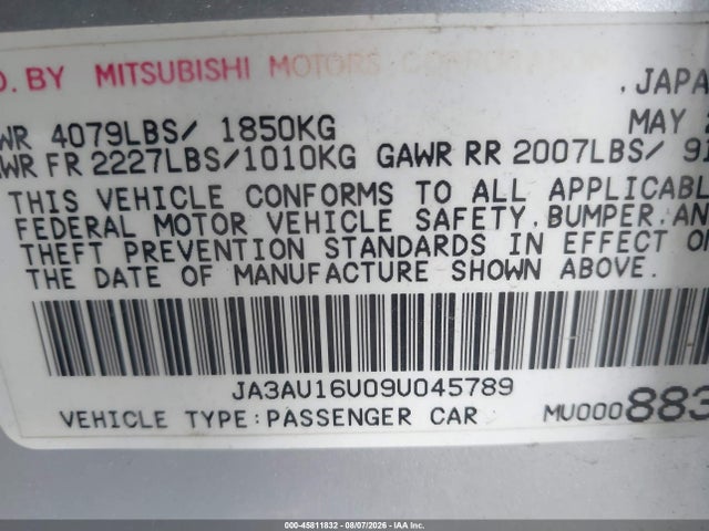 2009 Mitsubishi Lancer De მანქანა იყიდება აუქციონზე, vin: JA3AU16U09U045789, აუქციონის ნომერი: 45811832