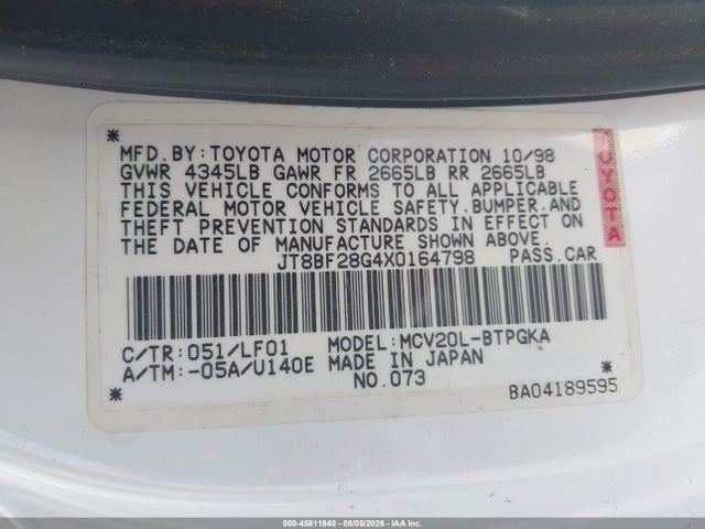45811840 :رقم المزاد ، JT8BF28G4X0164798 vin ، 1999 Lexus Es 300 مزاد بيع