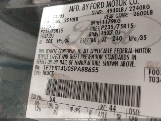 45811863 :رقم المزاد ، 1FTYR14U05PA88655 vin ، 2005 Ford Ranger Edge/stx/xl/xlt مزاد بيع