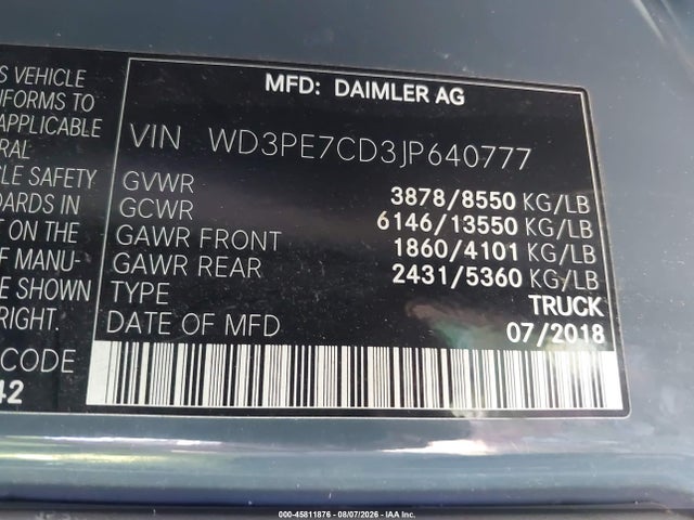 Продажа на аукционе авто 2018 Mercedes-benz Sprinter 2500 Standard Roof V6, vin: WD3PE7CD3JP640777, номер лота: 45811876