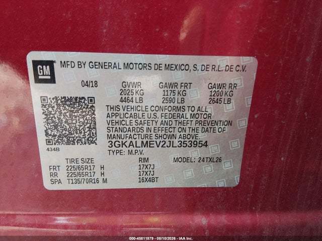 Aukcja sprzedaży 2018 Gmc Terrain Sle, vin: 3GKALMEV2JL353954, numer aukcji: 45811879