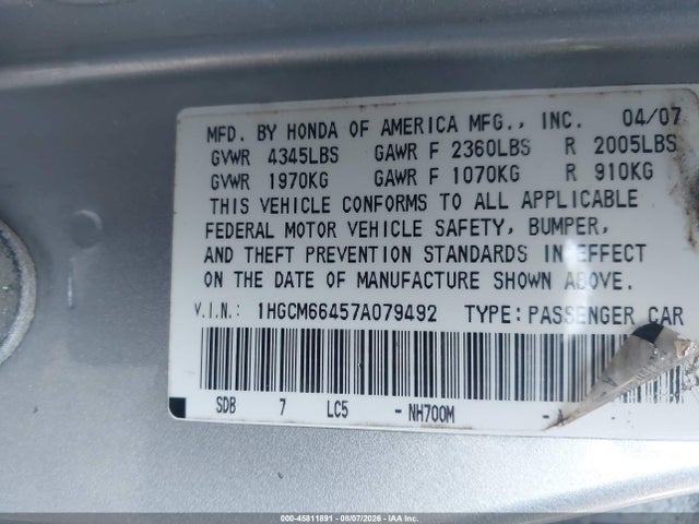 2007 Honda Accord 3.0 Se მანქანა იყიდება აუქციონზე, vin: 1HGCM66457A079492, აუქციონის ნომერი: 45811891