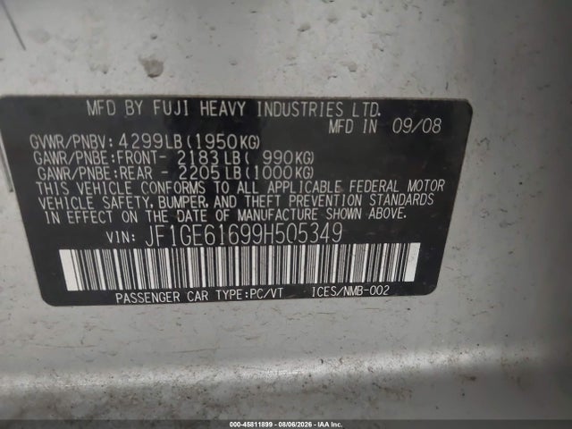 Aukcja sprzedaży 2009 Subaru Impreza 2.5i, vin: JF1GE61699H505349, numer aukcji: 45811899