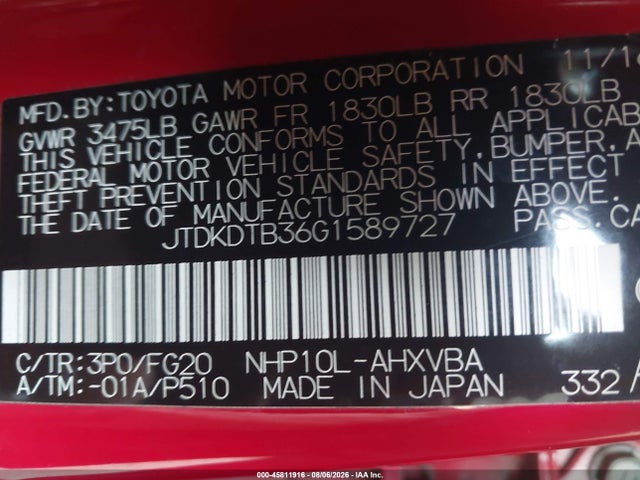 Aukcja sprzedaży 2016 Toyota Prius C Two, vin: JTDKDTB36G1589727, numer aukcji: 45811916