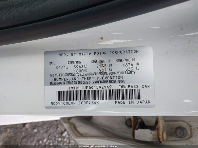 Aukcja sprzedaży 2012 Mazda Mazda3 I Sport, vin: JM1BL1UF6C1592149, numer aukcji: 45811950