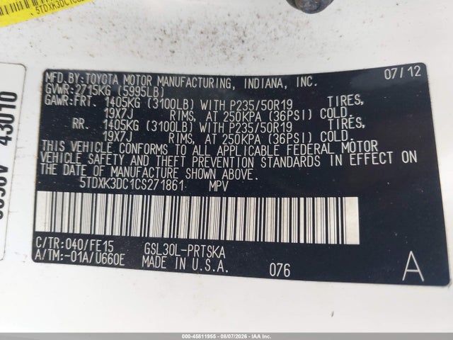 Aukcja sprzedaży 2012 Toyota Sienna Se 8 Passenger, vin: 5TDXK3DC1CS271861, numer aukcji: 45811955
