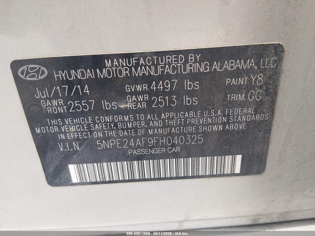 Продажа на аукционе авто 2015 Hyundai Sonata Se, vin: 5NPE24AF9FH040325, номер лота: 45811969