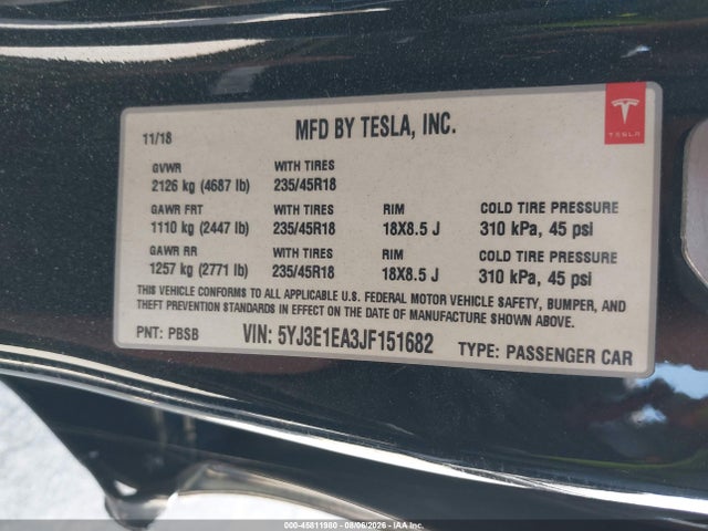 2018 Tesla Model 3 Long Range/mid Range მანქანა იყიდება აუქციონზე, vin: 5YJ3E1EA3JF151682, აუქციონის ნომერი: 45811980