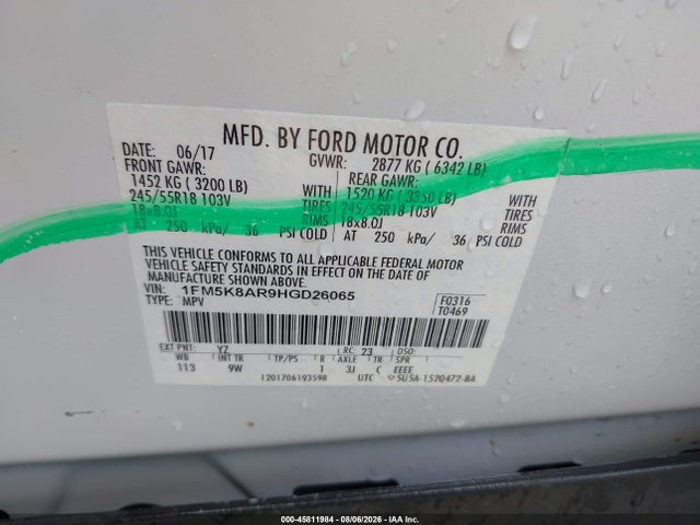 2017 Ford Utility Police Interceptor მანქანა იყიდება აუქციონზე, vin: 1FM5K8AR9HGD26065, აუქციონის ნომერი: 45811984