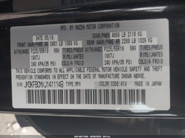 Aukcja sprzedaży 2018 Mazda Cx-5 Touring, vin: JM3KFBCMXJ1411149, numer aukcji: 45811986