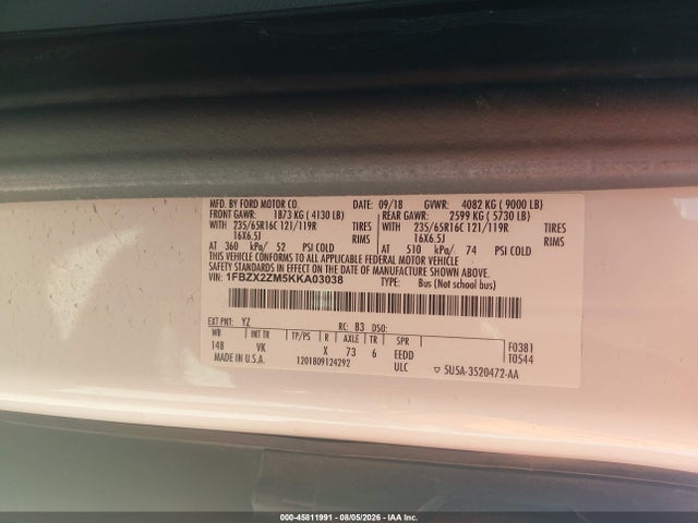 Продажа на аукционе авто 2019 Ford Transit-350 Xl, vin: 1FBZX2ZM5KKA03038, номер лота: 45811991