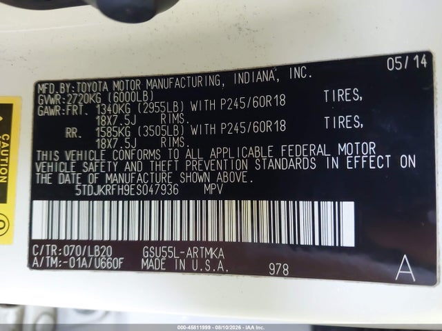 Toyota Highlander Xle V6 2014 5TDJKRFH9ES047936 Image 9