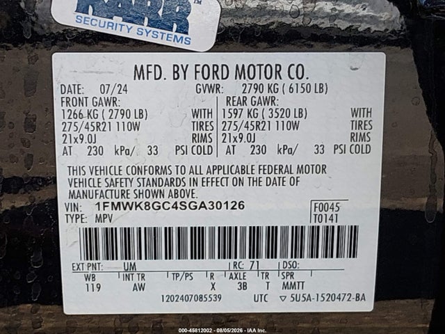 45812002 :رقم المزاد ، 1FMWK8GC4SGA30126 vin ، 2025 Ford Explorer St مزاد بيع