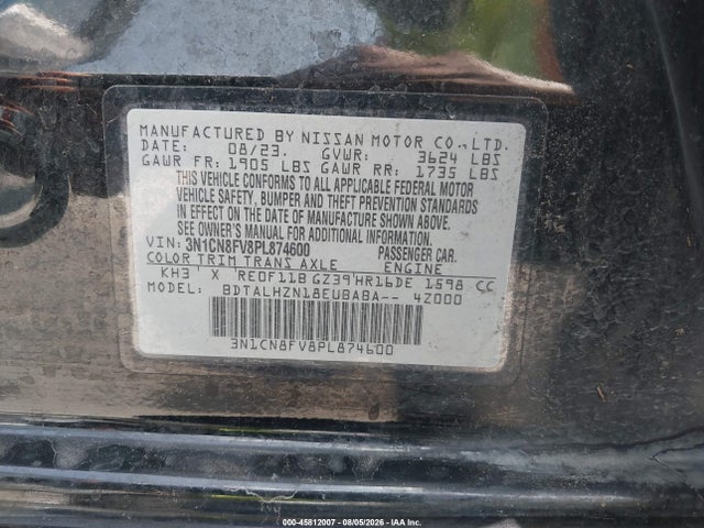 Продаж на аукціоні авто 2023 Nissan Versa 1.6 Sr Xtronic Cvt, vin: 3N1CN8FV8PL874600, номер лоту: 45812007