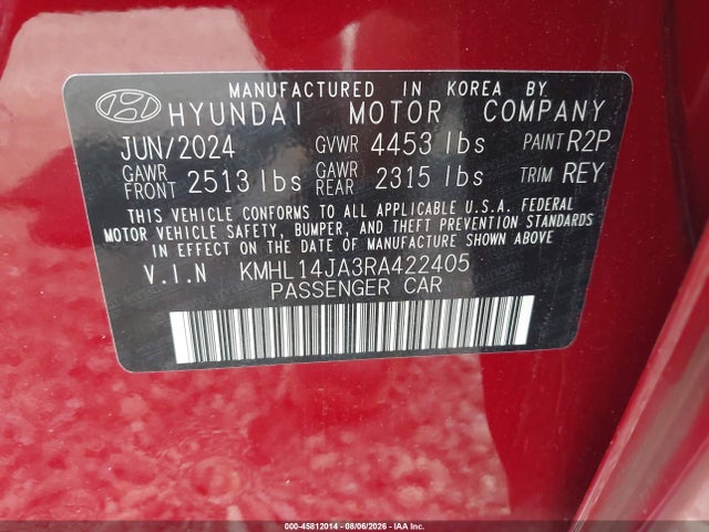 Продажа на аукционе авто 2024 Hyundai Sonata Sel, vin: KMHL14JA3RA422405, номер лота: 45812014