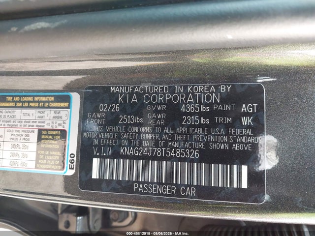 KNAG24J78T5485326 KIA K5 Lxs Fwd