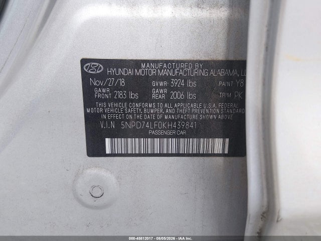 45812017 :رقم المزاد ، 5NPD74LF0KH439841 vin ، 2019 Hyundai Elantra Se مزاد بيع