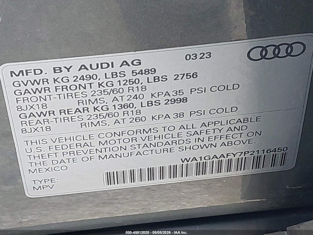 Aukcja sprzedaży 2023 Audi Q5 Premium 45 Tfsi S Line Quattro, vin: WA1GAAFY7P2116450, numer aukcji: 45812020