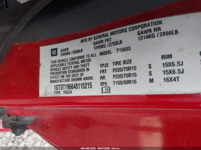 45812032 :رقم المزاد ، 1GTDT196648115215 vin ، 2004 Gmc Canyon Sle مزاد بيع