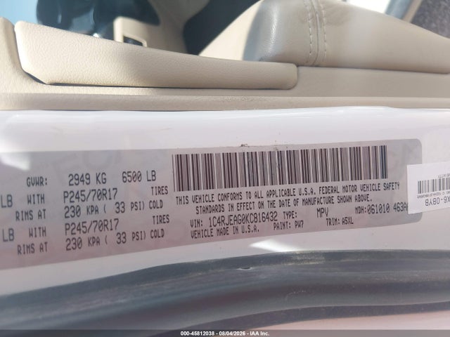 Продажа на аукционе авто 2019 Jeep Grand Cherokee Laredo E 4x2, vin: 1C4RJEAG0KC816432, номер лота: 45812038