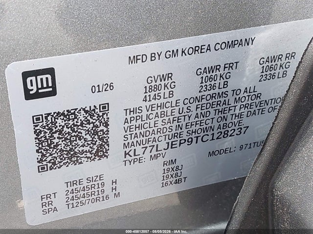 Auction sale of the 2026 Chevrolet Trax Fwd 2rs, vin: KL77LJEP9TC128237, lot number: 45812057