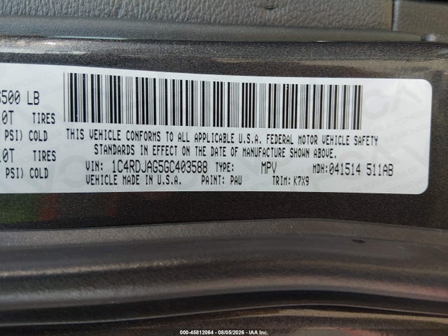 2016 Dodge Durango Sxt მანქანა იყიდება აუქციონზე, vin: 1C4RDJAG5GC403588, აუქციონის ნომერი: 45812064
