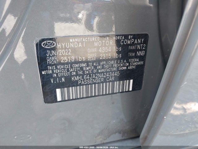 Продажа на аукционе авто 2022 Hyundai Sonata Sel, vin: KMHL64JA2NA243445, номер лота: 45812080